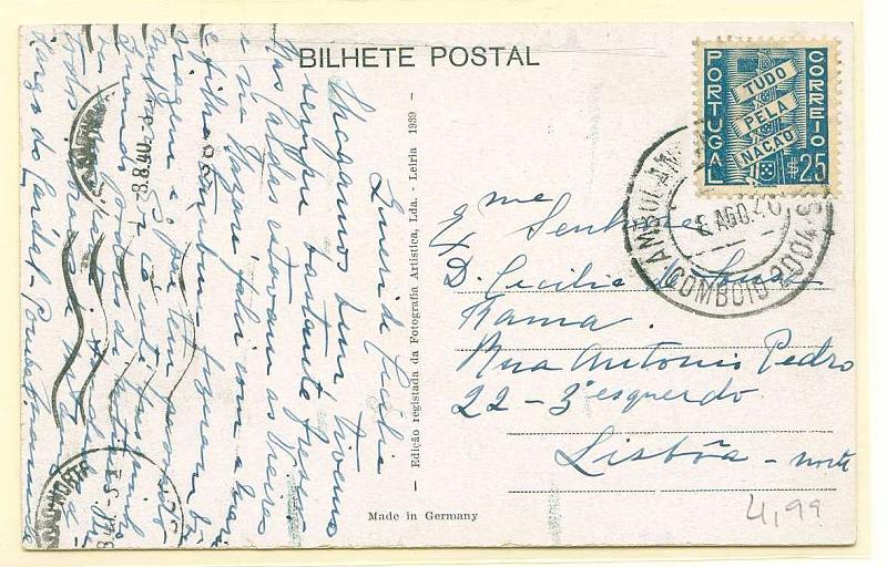 22Lis_0862.jpg -     Lote:    862                   Descrição:         Postal ilustrado circulado COM SELO DE $25 Tudo pela Nação, para Lisboa (08.08.40) pela AMBULÂNCIA / COMBOIO 2004".         PI       Valor Base:     &euro; 10,00     Valor Venda:     Retirado     