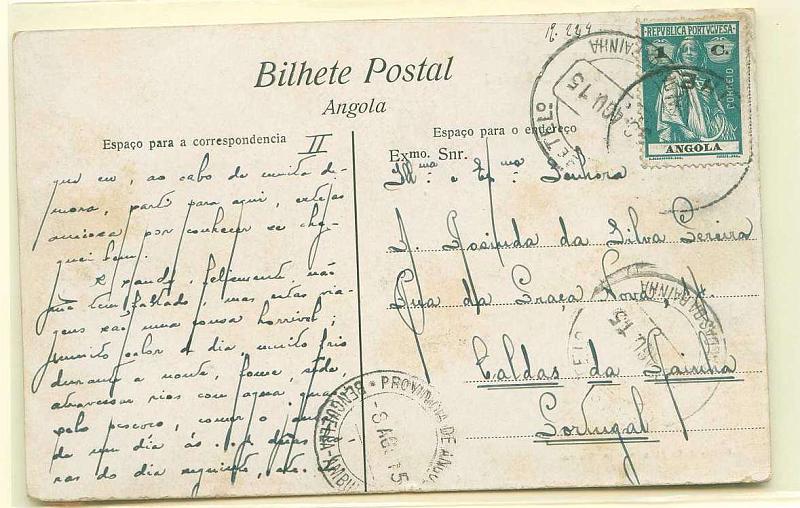 22Lis_0865.jpg -     Lote:    865                   Descrição:         Postal ilustrado circulado do Bié (07.08.15) para Caldas da Rainha (30.08.15) com trânsito pela Ambulância ferroviária descendente do Caminho de Ferro de Benguela (08.08.15), com selo de 1c Ceres verde.        PI       Valor Base:     &euro; 5,00     Valor Venda:     Retirado     