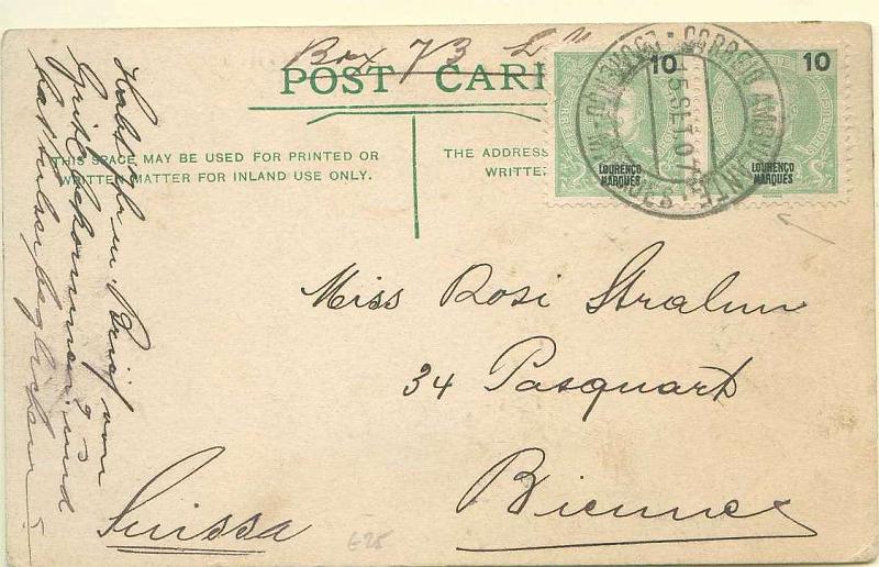 22Lis_0867.jpg -     Lote:    867                   Descrição:         1898 &mdash; D. Carlos I Mouchon. Postal ilustrado circulado de Lourenço Marques (15.09.07) para a Suiça, com par de selos de 10 reis verde CE34. Carimbo batido a preto CORREIO AMBULANTE / LOURENÇO MARQUES / 15.SET.07). Variante ponto entre o dia e mês no datador).        PI       Valor Base:     &euro; 25,00     Valor Venda:     Retirado     