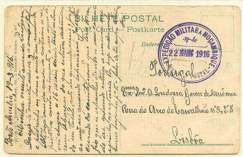 22Lis_0885.jpg -     Lote:    885                   Descrição:         1.ª Guerra Mundial. Expedição Militar a Moçambique. Postal ilustrado circulado isento de franquia de Porto Amélia (19.03.1916) para Lisboa. Carimbo da expedição, de borracha, batido a violeta. MB.        PI       Valor Base:     &euro; 10,00     Valor Venda:     &euro; 65,00     