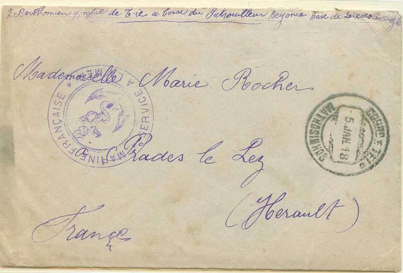 22Lis_0889.jpg -     Lote:    889                   Descrição:         1.ª Guerra Mundial. Forças navais francesas estacionadas em Leixões. Sobrescrito circulado isento de franquia do Patrulheiro Begonea para França, com trânsito por Matosinhos (05.01.18). Carimbo batido a violeta "MARINE FRANÇAISE / SERVICE A LA MER". MB.        Carta       Valor Base:     &euro; 100,00     Valor Venda:     Retirado     