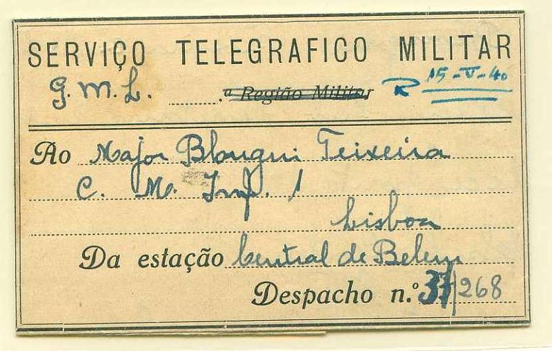 22Lis_0892.jpg -     Lote:    892                   Descrição:         2.ª Guerra Mundial. Telegrama do Serviço Telegráfico Militar, Mod G&R, remetido em Lisboa (15.04.40). B e R.        TLG       Valor Base:     &euro; 20,00     Valor Venda:     Retirado     