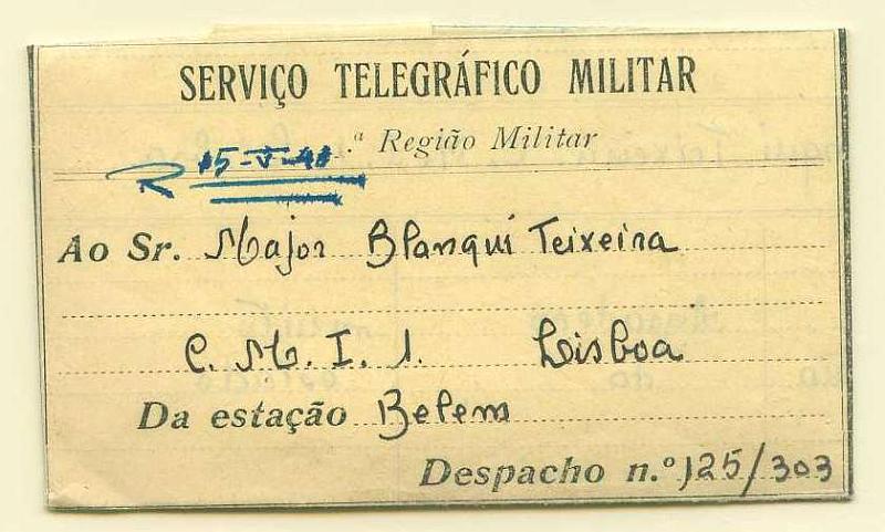 22Lis_0893.jpg -     Lote:    893                   Descrição:         2.ª Guerra Mundial. Telegrama do Serviço Telegráfico Militar, Mod T1 remetido em Lisboa (15.04.40). B e R.        TLG       Valor Base:     &euro; 20,00     Valor Venda:     Retirado     