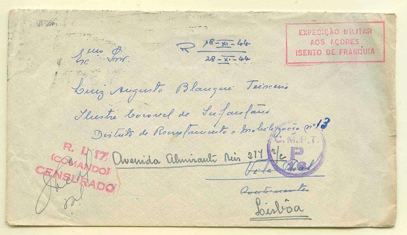 22Lis_0899.jpg -     Lote:    899                   Descrição:         2.ª Guerra Mundial. Sobrescrito, circulado isento de franquia da Ilha Terceira para Vila Real (15.11.44) e reendereçado para Lisboa (18.11.44). Carimbo rectangular (41x18mm) de isenção batido a vermelho "EXPEDIÇÃO MILITAR / AOS AÇORES / ISENTO DE FRANQUIA", e carimbo de censura batido também a vermelho "R. I. 17 / (COMANDO) / CENSURAD0", seguido da rubrica do censor. MB.        Carta       Valor Base:     &euro; 50,00     Valor Venda:     Retirado     