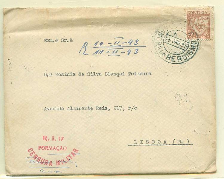 22Lis_0900.jpg -     Lote:    900                   Descrição:         2.ª Guerra Mundial. Sobrescrito circulado com selo de $50 tipo Lusíadas de Angra do Heroísmo (26.01.43) para Lisboa (09.02.43). Carimbo de censura batido a vermelho "R. I. 17 / FORMAÇÃO / CENSURAD0", seguido da rubrica do censor. MB e R.        Carta       Valor Base:     &euro; 50,00     Valor Venda:     Retirado     