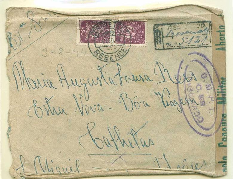 22Lis_0905.jpg -     Lote:    905                   Descrição:         2.ª Guerra Mundial. Sobrescrito circulado registado de Resende (04.08.44) para os Açores, com trânsito por Ponta Delgada (20.08.44), Calheta - S. Jorge (22.08.44), Velas (São Jorge) e novamente Ponta Delgada. Censurada com cinta de fecho de Lisboa com legendas a verde.        Carta       Valor Base:     &euro; 10,00     Valor Venda:     Retirado     