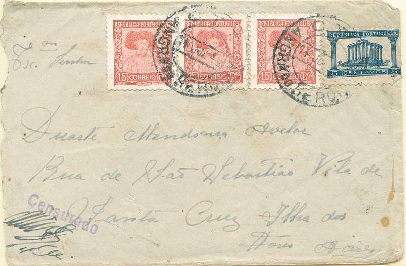 22Lis_0907.jpg -     Lote:    907                   Descrição:         2.ª Guerra mundial. Sobrescrito circulado de Angra do Heroísmo (14.07.43) para Santa Cruz das Flores (22.07.43), com selos CE566 e 569 (3), com marca de censura batida a violeta "CENSURADO" e assinatura do censor.        Carta       Valor Base:     &euro; 15,00     Valor Venda:     Retirado     