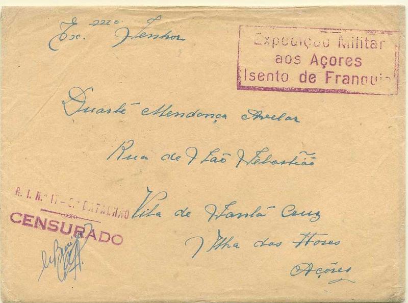22Lis_0908.jpg -     Lote:    908                   Descrição:         2.ª Guerra Mundial. Sobrescrito circulado da Ilha Terceira para Santa Cruz das Flores (08.11.44) isento de franquia. Carimbo de isenção batido a violeta "EXPEDIÇÃO MILITAR / AOS AÇORES / ISENTO DE FRANQUIA" e carimbo de censura também batido a violeta "R. I. N.º 17 &mdash; 3.º BATALHÃO / CENSURADO". MB        Carta       Valor Base:     &euro; 50,00     Valor Venda:     Retirado     