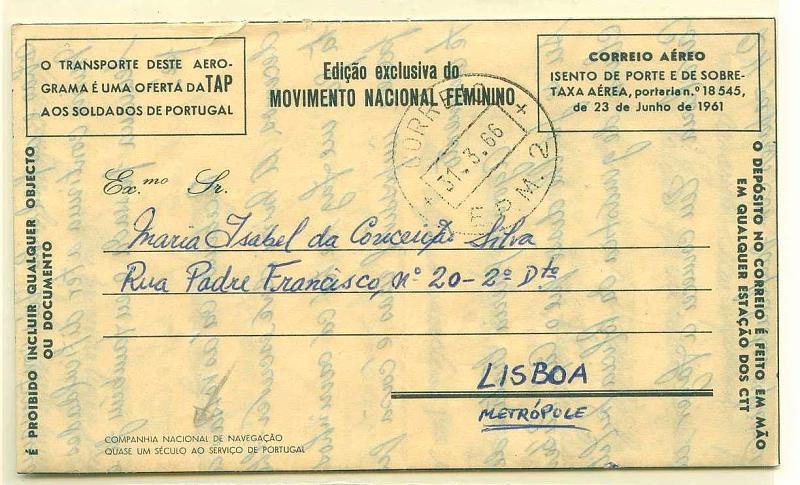 22Lis_0914.jpg -     Lote:    914                   Descrição:         Guerra Colonial. Aerograma (edição do Movimento Nacional Feminino), com obliteração da EPM2 de 31 de Março de 1966, oriundo de São Tomé e Príncipe, com publicidade à COMPANHIA NACIONAL DE NAVEGAÇÃO.           IC       Valor Base:     &euro; 40,00     Valor Venda:     &euro; 42,00     