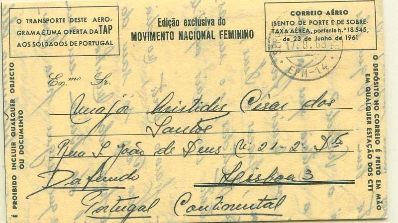 22Lis_0917.jpg -     Lote:    917                   Descrição:         Guerra colonial. Aerograma editado pelo Movimento Nacional Feminino, circulado da EPM-14 (17.08.68) para Lisboa.        ARG       Valor Base:     &euro; 2,00     Valor Venda:     &euro; 4,00     