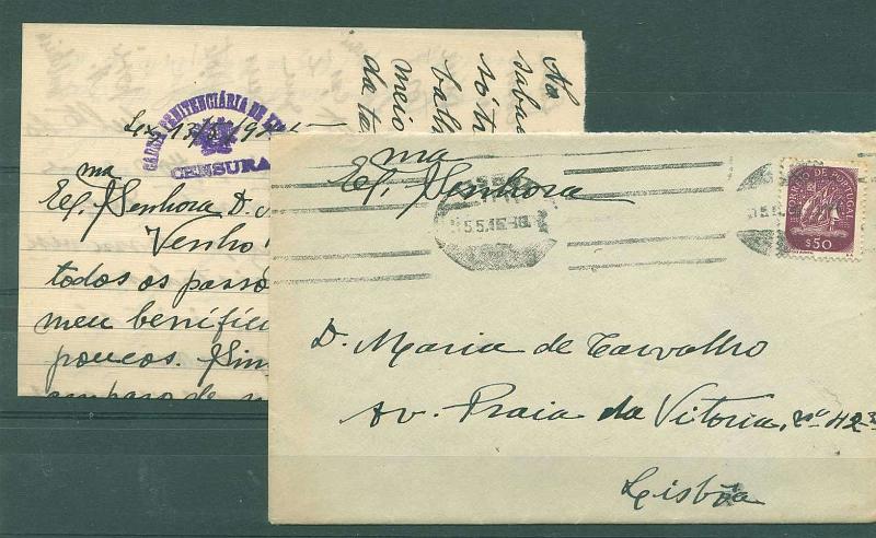 22Lis_0924.jpg -     Lote:    924                   Descrição:         1945 &mdash; Censuras prisionais. Sobrescrito circulado em Lisboa (15.05.1945) com selo de $50 tipo Caravela, por prisioneira da Cadeia Penitenciária de Lisboa. Carimbo de censura da cadeia batido a violeta, na carta.        Carta       Valor Base:     &euro; 20,00     Valor Venda:     &euro; 85,00     