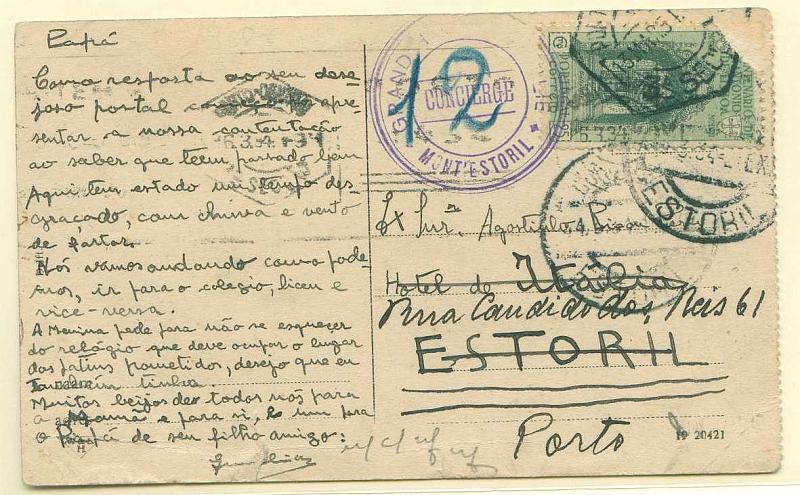 22Lis_0929.jpg -     Lote:    929                   Descrição:         Isentos de franquia * Serviço de portaria de hotéis. Postal ilustrado circulado do Porto (13.03.34) para o Grand Hotel Italie no Estoril (14.03.34) com selo de 25c Centenário da Morte de S. António. Não estando já hospedado foi o postal reexpedido para o Porto com isenção de nova franquia. Carimbo do hotel batido a violeta.        PI       Valor Base:     &euro; 25,00     Valor Venda:     Retirado     