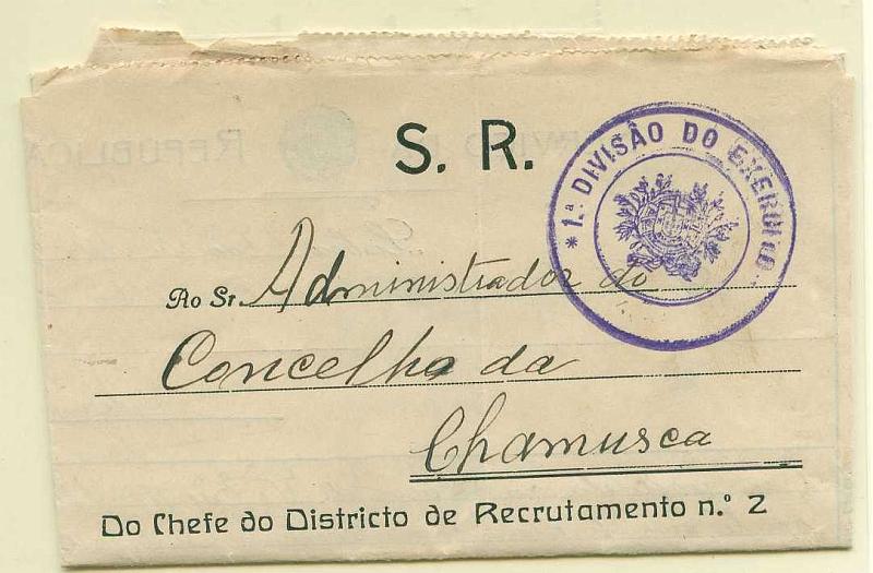 22Lis_0932.jpg -     Lote:    932                   Descrição:         1920 &mdash; Bilhete-carta remetido pelo Chefe do Distrito de Recrutamento n.º 2 em 27.03.1920 para o Administrador do Concelho da Chamusca. Carimbo a violeta da 1.ª Divisão do Exército.        DOC       Valor Base:     &euro; 5,00     Valor Venda:     &euro; 5,00     