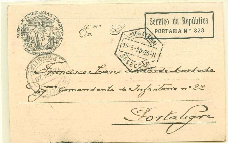 22Lis_0943.jpg -     Lote:    943                   Descrição:         Postal ilustrado da Academia de Sciências de Portugal, circulado isento de franquia de Lisboa (10.05.20) para Portalegre (12.05.20). Isenção impressa em rectângulo a preto "SERVIÇO DA REPÚBLICA / PORTARIA N.º 328".        PI       Valor Base:     &euro; 10,00     Valor Venda:     Retirado     