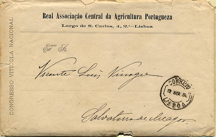 22Lis_0944.jpg -     Lote:    944                   Descrição:         Sobrescrito da Real Associação Central da Agricultura  Portugueza, circulado de Lisboa (19.11.1894) para Salvaterra de Magos (20.11.1894), isento de franquia pelo Congresso Vitícola Nacional. B e MR.        Carta       Valor Base:     &euro; 20,00     Valor Venda:     &euro; 20,00     
