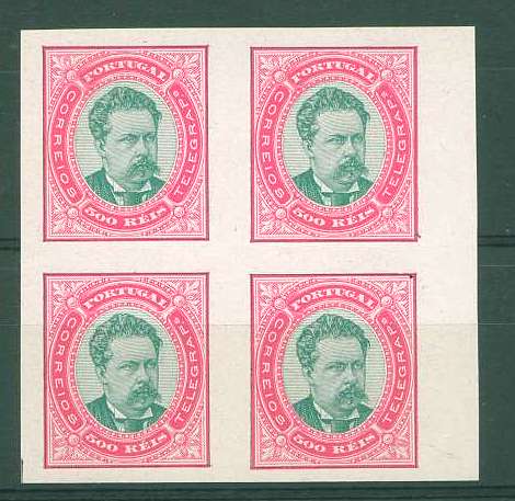 22Lis_0945.jpg -     Lote:    945            Portugal       Descrição:         1881/87 &mdash; D. Luís I de frente. Desenhos e gravuras de Eugène Mouchon. Tipo IX (1882), tipo aprovado (taxa de 500 reis). Quadra de 500 reis não denteada, bordo de folha, em papel porcelana, não gomada, em rosa e verde. OM255.        PRV       Valor Base:     &euro; 100,00     Valor Venda:     Retirado     
