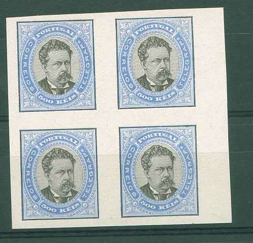 22Lis_0947.jpg -     Lote:    947            Portugal       Descrição:         1881/87 &mdash; D. Luís I de frente. Desenhos e gravuras de Eugène Mouchon. Tipo IX (1882), tipo aprovado (taxa de 500 reis). Quadra de 500 reis não denteada, bordo de folha, em papel porcelana, não gomada, em ultramar e preto. OM259.        PRV       Valor Base:     &euro; 100,00     Valor Venda:     &euro; 110,00     