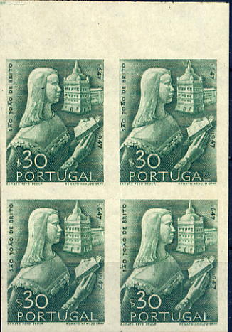 22Lis_0969.jpg -     Lote:    969            Portugal       Descrição:         3.º Centenário do Nascimento de S. João de Brito. CE691, $20 verde. Quadra de provas não denteadas, bordo superior de folha, na cor aprovada. MB e R.        PRV       Valor Base:     &euro; 20,00     Valor Venda:     Retirado     