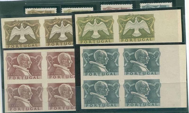 22Lis_0971.jpg -     Lote:    971            Portugal       Descrição:         1951 &mdash; Encerramento do Ano Santo. CE733/36. Série completa em quadras, bordo lateral direito de folha, de provas de cor não denteadas (cores finais), sem goma. Acompanha série completa de selos para comparação. MB e R.        PRV       Valor Base:     &euro; 120,00     Valor Venda:     Retirado     
