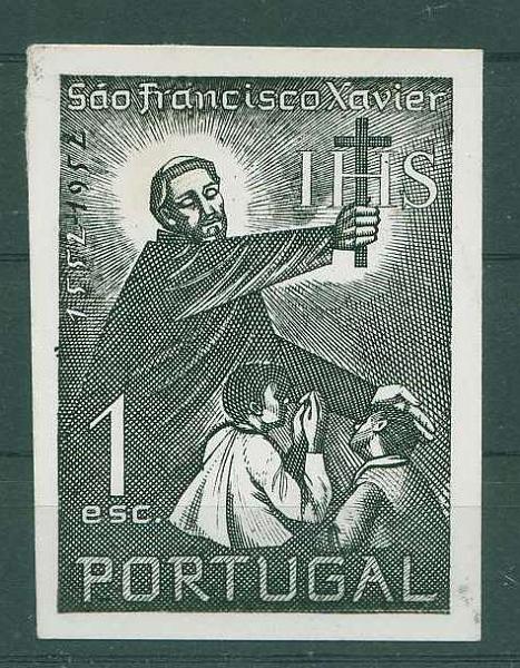 22Lis_0972.jpg -     Lote:    972            Portugal       Descrição:         1952 &mdash; 4.º Centenário da Morte de S. Francisco Xavier. Prova fotográfica a preto do selo de 1$00.        PRV       Valor Base:     &euro; 10,00     Valor Venda:     Retirado     