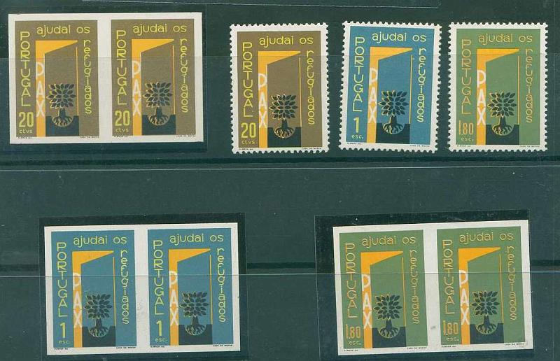 22Lis_0975.jpg -     Lote:    975            Portugal       Descrição:         1960 &mdash; Ano Mundial dos Refugiados. CE851/53. Série completa em pares horizontais, de provas de cor não denteadas (cores finais). Acompanha série completa de selos, para comparação. MB e R.        PRV       Valor Base:     &euro; 100,00     Valor Venda:     &euro; 100,00     