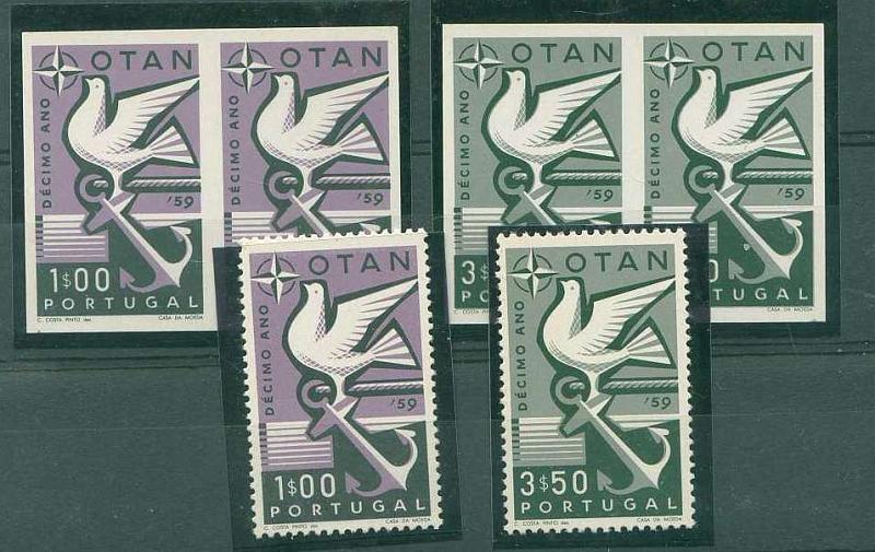 22Lis_0976.jpg -     Lote:    976            Portugal       Descrição:         1960 &mdash; 10.º Aniversario da OTAN. CE849/50. Série completa em pares horizontais de provas de cor não denteadas (cores finais). Acompanha série completa de selos, para comparação. MB e R.        PRV       Valor Base:     &euro; 80,00     Valor Venda:     &euro; 80,00     