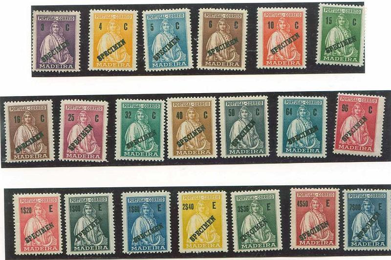 22Lis_0996.jpg -     Lote:    996            Açores       Descrição:         1928 &mdash; Ceres. CE41/61. Série completa, com sobrecarga SPECIMEN a preto. MB e R.        PRV       Valor Base:     &euro; 50,00     Valor Venda:     Retirado     