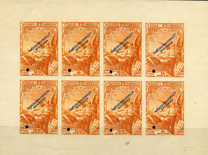 22Lis_0997.jpg -     Lote:    997            Ultramar       Descrição:         1898 &mdash; 4.º Centenário de Descobrimento Marítimo para a Índia. Mini-folha completa com 8 selos (Açores, Madeira, África, Portugal (2), Timor, Índia, Macau) tipo CE151, castanho-amarelo, com sobrecarga "Waterlow & Sons, Ltd" e "Specimen" a azul e preto, com furos de segurança.        PRV       Valor Base:     &euro; 50,00     Valor Venda:     &euro; 50,00     