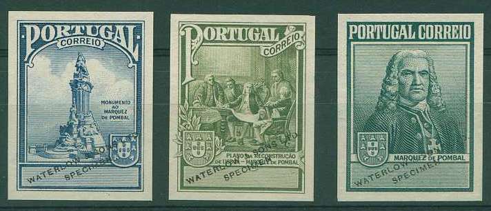 22Lis_1000.jpg -     Lote:    1000            Ultramar       Descrição:         1935 &mdash; Imposto Postal. Monumento ao Marquês de Pombal. Lote de três provas não denteadas, sem impressão da taxa e legenda, nas cores azul, verde-oliva e verde-cinzento (monumento, plano e efígie respectivamente), com sobrecarga a preto "Waterlow & Sons, Ltd".        PRV       Valor Base:     &euro; 18,00     Valor Venda:     &euro; 32,00     
