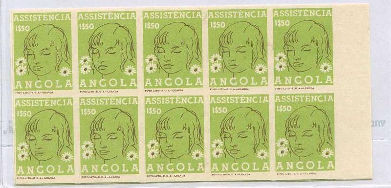 22Lis_1003.jpg -     Lote:    1003            Angola       Descrição:         1955 &mdash; Imposto Postal. Assistência. 1$50, verde e castanho. Bloco horizontal de 10 provas não denteadas nas cores finais. Este selo embora não catalogado para fins postais, poderá ter sido efectivamente usado com esses fins, para franquiar vales postais internos de montantes superiores a 2.000 Angolares.        PRV       Valor Base:     &euro; 25,00     Valor Venda:     &euro; 25,00     