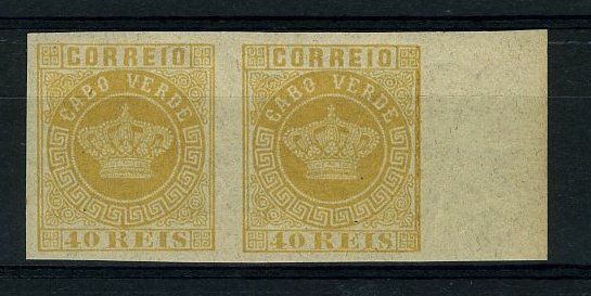 22Lis_1005.jpg -     Lote:    1005            Cabo Verde       Descrição:         1881/85 &mdash; Tipo Coroa. CE13, 40 reis amarelo. Par horizontal bordo de folha, de provas não denteadas, na cor final.        PRV       Valor Base:     &euro; 8,00     Valor Venda:     &euro; 8,00     