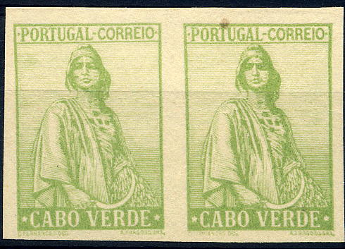 22Lis_1007.jpg -     Lote:    1007            Cabo Verde       Descrição:         1934 &mdash; Ceres. Novo tipo. Par horizontal de provas não denteadas, em papel liso, verde-esmeralda, sem impressão da taxa. B e R.        PRV       Valor Base:     &euro; 5,00     Valor Venda:     &euro; 10,00     