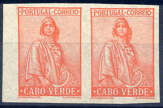22Lis_1009.jpg -     Lote:    1009            Cabo Verde       Descrição:         1934 &mdash; Ceres. Novo tipo. Par horizontal de provas não denteadas, em papel liso, laranja vermelho, sem impressão da taxa. B e R.        PRV       Valor Base:     &euro; 5,00     Valor Venda:     &euro; 10,00     