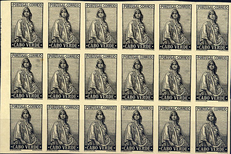 22Lis_1012.jpg -     Lote:    1012            Cabo Verde       Descrição:         1934 &mdash; Ceres. Novo tipo. Bloco de 18 provas não denteadas, em papel liso, a preto, sem impressão da taxa. B e R.        PRV       Valor Base:     &euro; 20,00     Valor Venda:     &euro; 20,00     