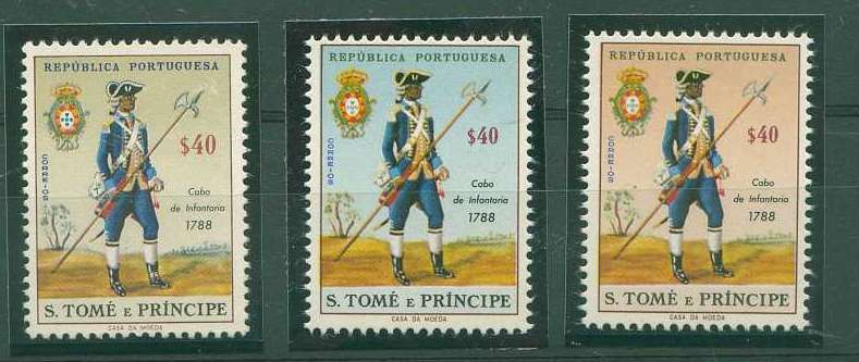 22Lis_1025.jpg -     Lote:    1025            S. Tomé e Príncipe       Descrição:         1965 &mdash; Uniformes do Exército. CE382, $40 policromo. Lote de 3 provas da mesma taxa, com cores diferentes. MB e MR.        PRV       Valor Base:     &euro; 45,00     Valor Venda:     &euro; 45,00     
