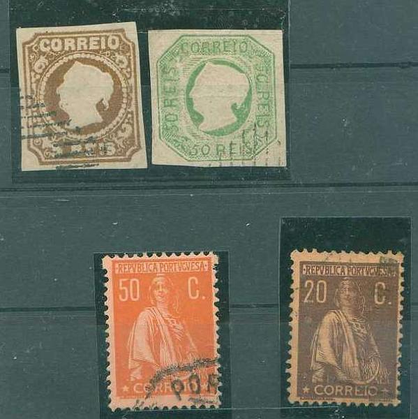 22Lis_1026.jpg -     Lote:    1026            Portugal       Descrição:         1853/1912 &mdash; D. Maria II + Ceres. FALSOS. Lote de 4 selos composto por selo de 5 reis castanho e 50 reis verde D. Maria II e selos de 50c laranja s/ salmão e 20c castanho s/ salmão, todos falsos.         O       Valor Base:     &euro; 30,00     Valor Venda:     Retirado     