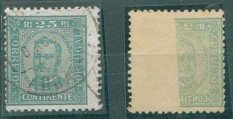 22Lis_1029.jpg -     Lote:    1029            Portugal       Descrição:         1892/93 &mdash; D. Carlos I Diogo Neto. CE70, 25 reis verde, denteado 11 &frac12;, com recalque parcial no verso. Pouco vulgar.        O       Valor Base:     &euro; 10,00     Valor Venda:     &euro; 10,00     