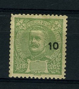 22Lis_1037.jpg -     Lote:    1037            Portugal       Descrição:         1895/96 &mdash; D. Carlos I Mouchon. CE128, 10 reis verde, com impressão da taxa muito deslocada.        **       Valor Base:     &euro; 6,00     Valor Venda:     &euro; 6,00     