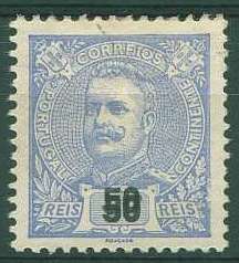 22Lis_1038.jpg -     Lote:    1038            Portugal       Descrição:         1898/1905 &mdash; D. Carlos I, tipo Mouchon. CE142, 50 reis ultramar. Selo com dupla impressão da taxa. MB e MR.        **       Valor Base:     &euro; 10,00     Valor Venda:     &euro; 18,00     