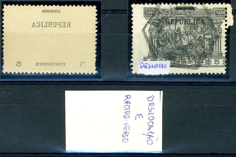22Lis_1043.jpg -     Lote:    1043            Portugal       Descrição:         1911 &mdash; 4.º Centenário do Descobrimento do Caminho Marítimo para a Índia, com sobrecarga República e sobretaxa, sobre selos de Porteado do Continente. CE192, 5 reis preto. Lote de dois selos: um com o denteado deslocado, e outro com decalque no verso das legendas e da taxa. B e R.        O       Valor Base:     &euro; 8,00     Valor Venda:     &euro; 8,00     