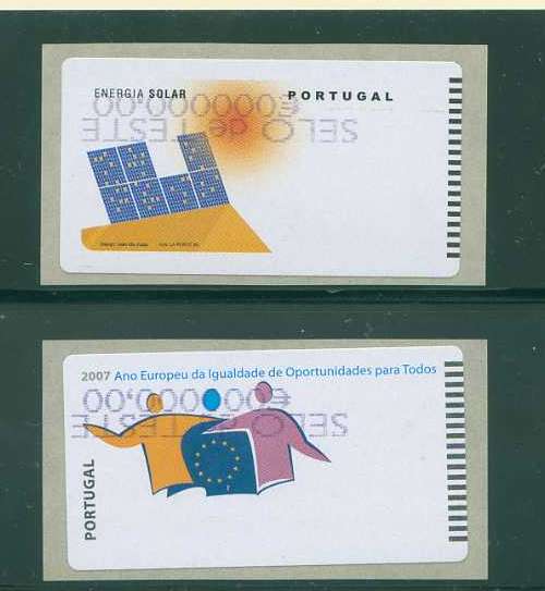 22Lis_1057.jpg -     Lote:    1057            Portugal       Descrição:         2006/2007 &mdash; Energia Solar e Ano Europeu da Igualdade. CE ETQ35 e 41. Lote de duas etiquetas com impressão invertida "SELO de TESTE" e &euro;0000000,00.        ETQ       Valor Base:     &euro; 4,00     Valor Venda:     &euro; 4,00     