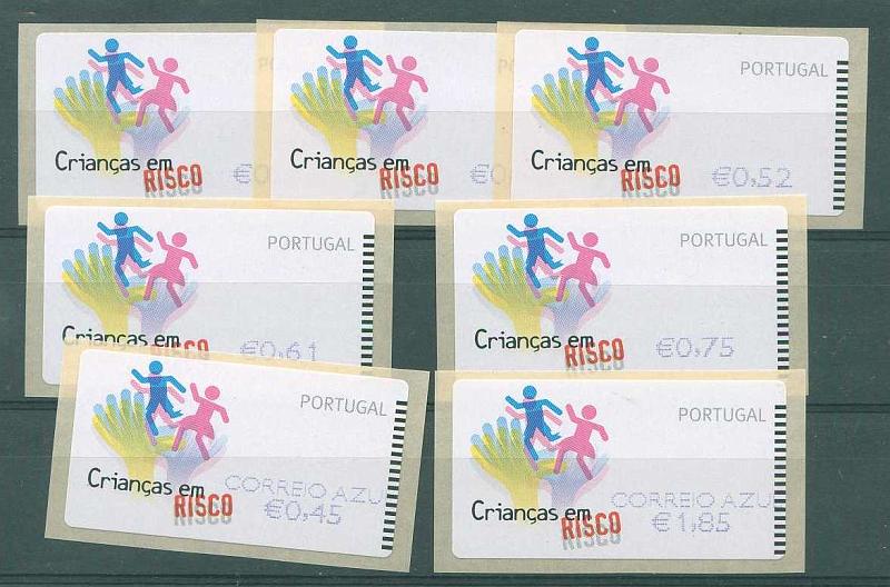 22Lis_1060.jpg -     Lote:    1060            Portugal       Descrição:         2007 &mdash; Crianças em RISCO. Máquina E-Post. CE ETQ39B. Série completa para o correio ordinário e correio azul, com deslocação das cores no papel de suporte. MR e MB.        ETQ       Valor Base:     &euro; 90,00     Valor Venda:     Retirado     