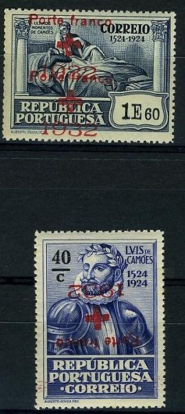 22Lis_1062.jpg -     Lote:    1062            Portugal       Descrição:         1932 &mdash; Porte Franco. Cruz Vermelha Portuguesa (Camões). Lote de dois selos: CE36, 40c ultramar com a sobrecarga invertida e CE39, 1$60 azul ardósia com dupla sobrecarga.        ***       Valor Base:     &euro; 6,00     Valor Venda:     Retirado     