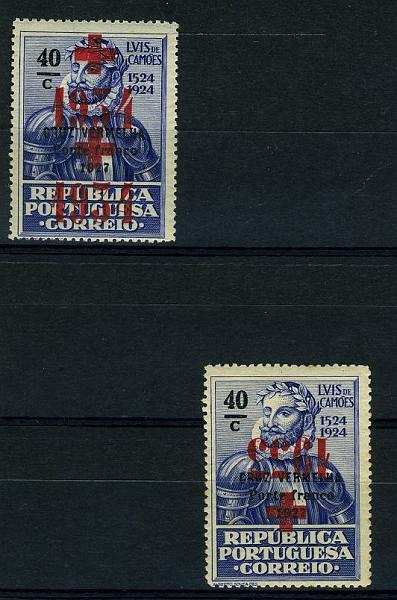 22Lis_1063.jpg -     Lote:    1063            Portugal       Descrição:         1933/34 &mdash; Porte Franco. Cruz Vermelha Portuguesa (Camões). Lote de dois selos: CE41 (1933), 40c ultramar com a sobrecarga invertida e CE47 (1934), 40c ultramar com dupla sobrecarga.        **       Valor Base:     &euro; 8,00     Valor Venda:     &euro; 8,00     