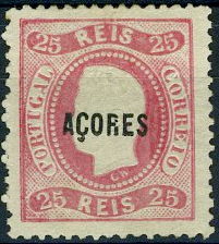 22Lis_1066.jpg -     Lote:    1066            Açores       Descrição:         1868/1870 &mdash; D. Luís I, fita curva, denteado. CE10, 25 reis rosa, com sobrecarga AÇORES falsa.        **       Valor Base:     &euro; 20,00     Valor Venda:     Retirado     