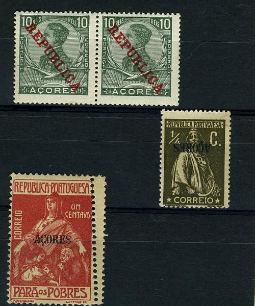 22Lis_1069.jpg -     Lote:    1069            Açores       Descrição:         1910/1915 &mdash; D. Manuel II com sobrecarga República, Ceres com sobrecarga Açores e "Para os Pobres" com sobrecarga Açores. Lote composto por: Par de selos de 10 reis de D. Manuel II CE123, com a sobrecarga invertida; selo de &frac14; c Ceres CE149, com a sobrecarga Açores invertida; e Para os Pobres com duplo denteado no bordo direito.        Lote       Valor Base:     &euro; 8,00     Valor Venda:     &euro; 10,00     