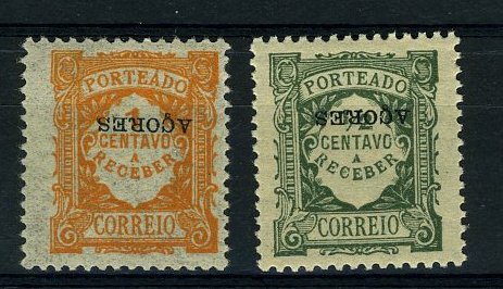 22Lis_1071.jpg -     Lote:    1071            Açores       Descrição:         1918 &mdash; Porteado. Emissão Regular. Selos do Continente com sobrecarga AÇORES. Lote de dois selos CE16 e 22, 1c e &frac12; c. Ambos com a sobrecarga invertida.        ***       Valor Base:     &euro; 6,00     Valor Venda:     Retirado     