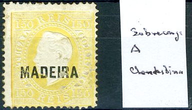 22Lis_1072.jpg -     Lote:    1072            Madeira       Descrição:         1879/1880 &mdash; D. Luís I. Fita direita. Selos do Continente com sobrecarga Madeira. CE29, 150 reis amarelo, com sobrecarga do tipo A, aplicada clandestinamente no selo, em vez da sobrecarga do tipo C.        **       Valor Base:     &euro; 20,00     Valor Venda:     &euro; 24,00     