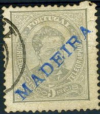 22Lis_1073.jpg -     Lote:    1073            Madeira       Descrição:         1882/83 &mdash; D. Luís I de frente. CE56, 5 reis cinzento. Selo com sobrecarga falsa MADEIRA, batida a azul.        O       Valor Base:     &euro; 6,00     Valor Venda:     &euro; 6,00     