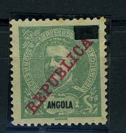 22Lis_1077.jpg -     Lote:    1077            Angola       Descrição:         1912 &mdash; D. Carlos I Mouchon com sobrecarga República, com sobretaxa. (CE113/5). Selo com o barramento da taxa primitiva, mas sem impressão do novo valor.        *       Valor Base:     &euro; 10,00     Valor Venda:     &euro; 14,00     